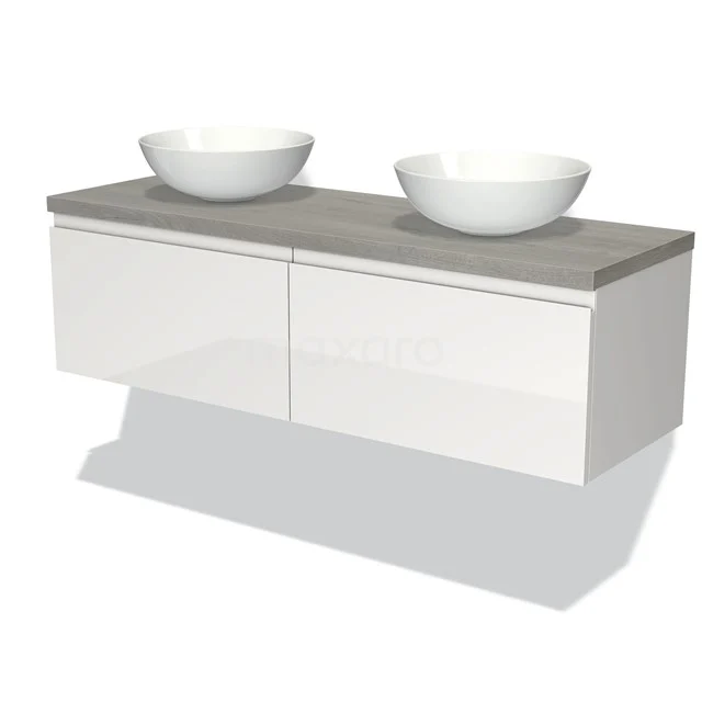 Zweites Badezimmermöbel mit doppelten weißen Aufsatzwaschbecken, glänzenden weißen Schubladen und grauem Steinlook-Oberblatt. Modernes und stilvolles Design.