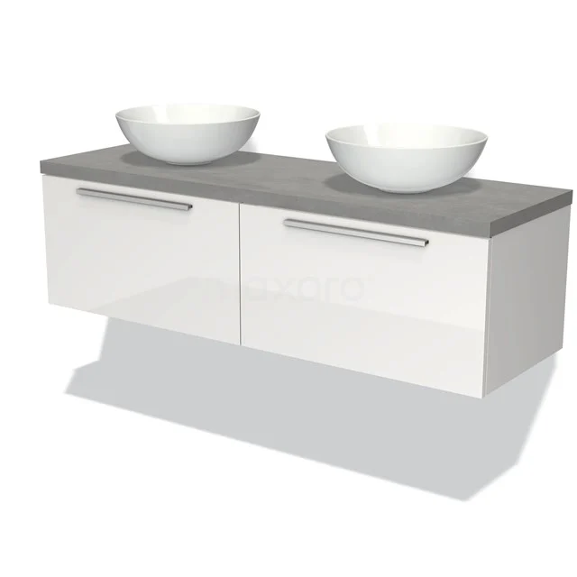 Modulo Plato Vanity units for countertop basin | 140 cm High-gloss white Flat front Light grey concrete worktop 2 Side-by-side drawers BMK12-00628