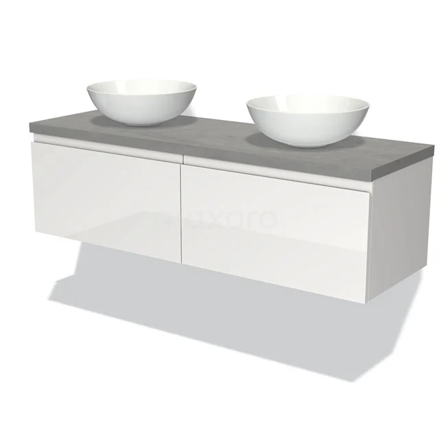 Modulo Plato Badmöbel mit Aufsatzwaschbecken | 140 cm Hochglanz Weiß Grifflos front Hellgrauer Beton blatt 2 nebeneinanderliegende Schubladen BMK12-00630 Weißes schwebendes Badmöbel mit zwei runden Aufsatzwaschbecken und grauer Steinplatte, modernes Design für stilvolle Bäder.