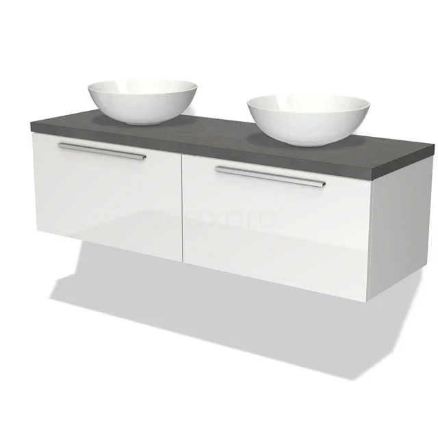 Weißes Badezimmermöbel mit Doppelwaschbecken, graue Holzoptik Platte und moderne Chrom Haltegriffe, ideal für jeden Badezimmerstil.