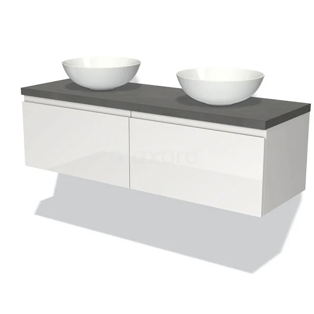 Weiße Doppelwaschtisch mit grauer Oberseite, keramischen Aufsatzwaschbecken und modernem Design; perfekt für ein stilvolles Badezimmer.