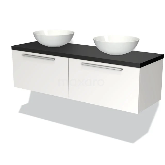 Weißes schwebendes Badezimmermöbel mit schwarzer Oberseite, doppeltem Aufsatzwaschbecken und metallischen Haltegriffen, modernes Design.