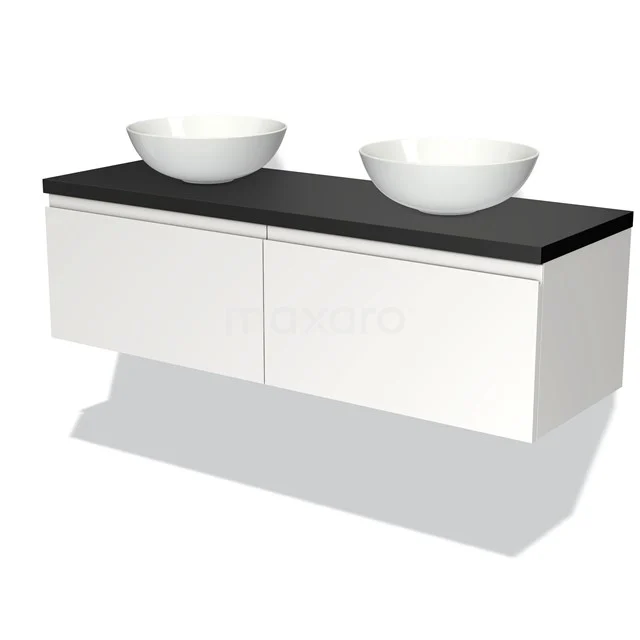 White floating bathroom unit with black top and two round countertop wash basins, sleek design for modern bathrooms.