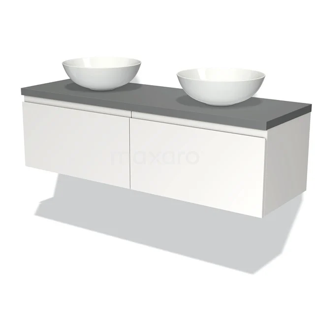 Zweifarbige weiße Badmöbel mit doppelter grauer Waschtischplatte und zwei runden Waschbecken, modernes und stilvolles Design.