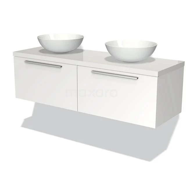 Modulo Plato Badmöbel mit Aufsatzwaschbecken | 140 cm Matt Weiß Flach front Hochglanz Weiß blatt 2 nebeneinanderliegende Schubladen BMK12-00640 Weißes Badezimmermöbel mit Doppelwaschbecken, modernes Design, schwebend, mit verchromten Haltegriffen und geräumigen Schubladen.