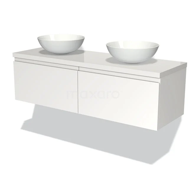 Weißes schwebendes Badmöbel mit doppelter Waschtischplatte und zwei runden Waschbecken, moderne Ausstrahlung und praktischer Stauraum.