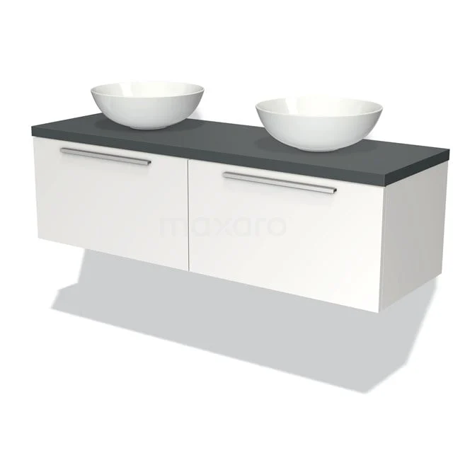 Weißes hängendes Badmöbel mit Doppelwaschbecken, schwarzer Oberseite und modernen Haltegriffen, ideal für stilvolle Bäder.