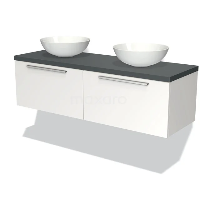 Modulo Plato Badmöbel mit Aufsatzwaschbecken | 140 cm Matt Weiß Flach front Dunkelgrau blatt 2 nebeneinanderliegende Schubladen BMK12-00643 Weißes hängendes Badmöbel mit Doppelwaschbecken, schwarzer Oberseite und modernen Haltegriffen, ideal für stilvolle Bäder.