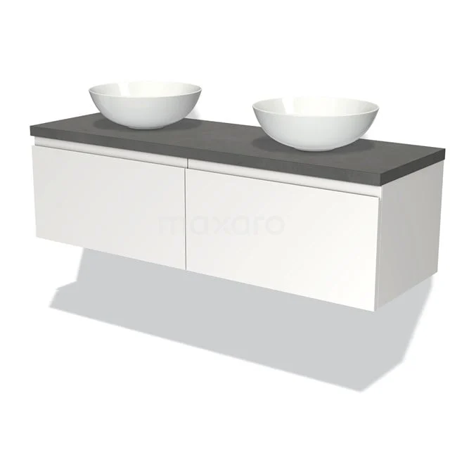Weißes hängendes Badmöbel mit grauer Platte und doppeltem Aufsatzwaschbecken, stilvoller Stauraum für ein modernes Badezimmer.