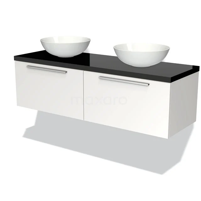 Modulo Plato Badmöbel mit Aufsatzwaschbecken | 140 cm Matt Weiß Flach front Hochglanz Schwarz blatt 2 nebeneinanderliegende Schubladen BMK12-00646 Weißes Badezimmermöbel mit schwarzer Platte und zwei runden Aufsatzwaschbecken, modernes Design für stilvolle Bäder.