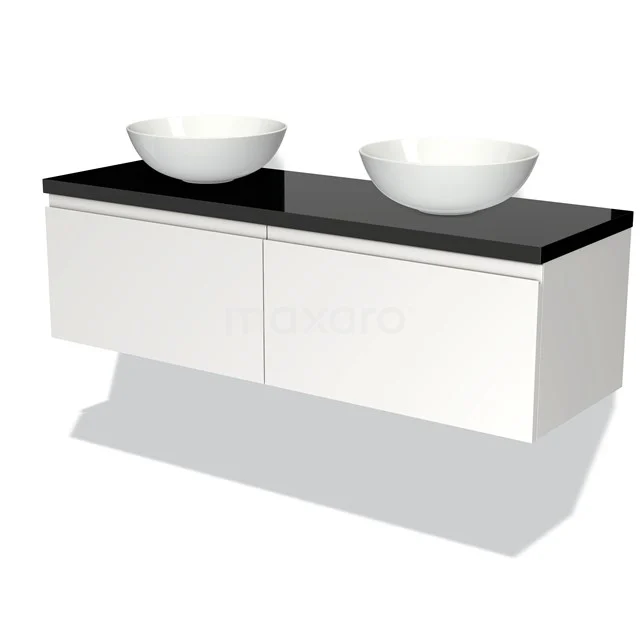 Modulo Plato Badmöbel mit Aufsatzwaschbecken | 140 cm Matt Weiß Grifflos front Hochglanz Schwarz blatt 2 nebeneinanderliegende Schubladen BMK12-00648 Weißes schwebendes Badmöbel mit schwarzer Glasplatte und zwei runden Waschbecken, modernes Design für ein stilvolles Badezimmer.
