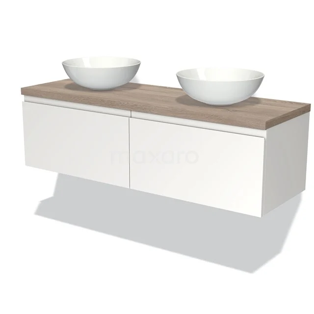 Weiße doppelte Badschrank mit Holzlook Platte und zwei runden Waschbecken, modernes schwebendes Design für stilvolle Bäder.