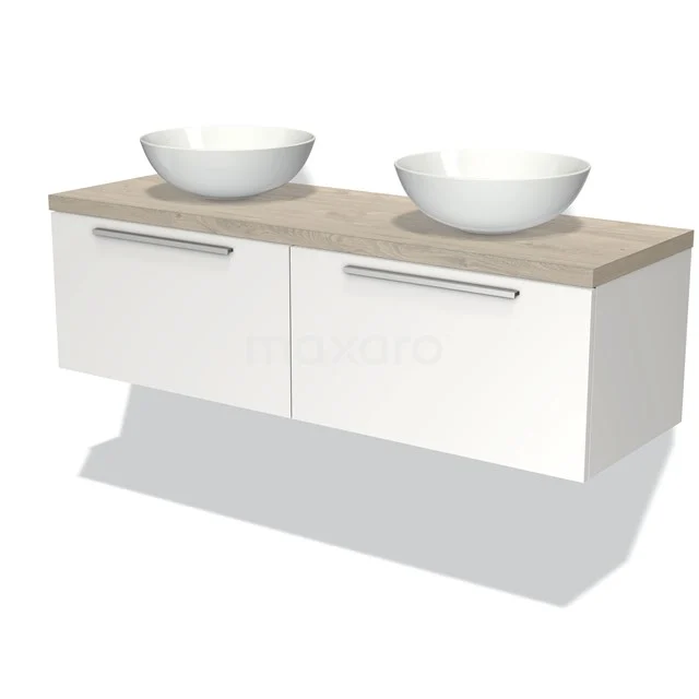 Modulo Plato Badmöbel mit Aufsatzwaschbecken | 140 cm Matt Weiß Flach front Hellgraue Eiche blatt 2 nebeneinanderliegende Schubladen BMK12-00652 Weiße schwebende Badschrank mit Holzlook Platte, doppelten Aufsatzwaschbecken und metallischen Haltegriffen, ideal für moderne Bäder.