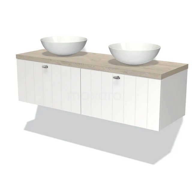 White wooden Bathroom unit with two ceramic countertop wash basins and natural wood worktop, hanging design, ideal for modern bathrooms.
