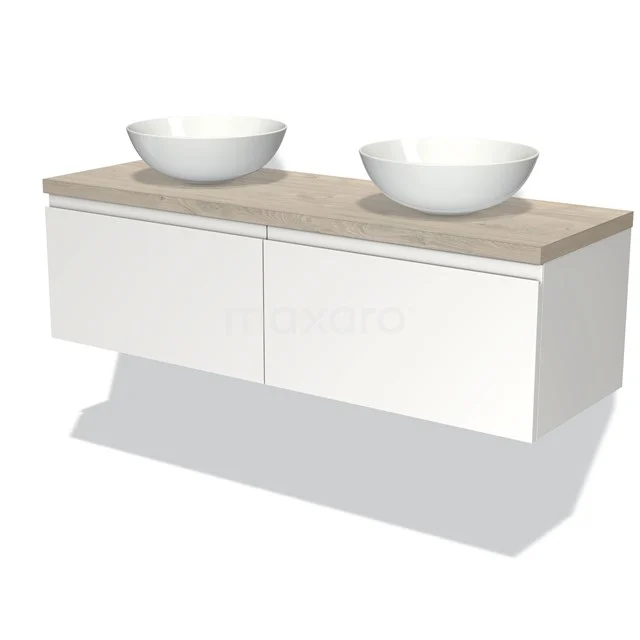 Weißes hängendes Badezimmermöbel mit Holzplatte und zwei runden Waschbecken, ideal für moderne Badezimmer Einrichtung.