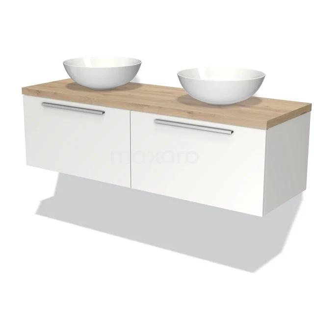 Modulo Plato Vanity units for countertop basin | 140 cm Matte white Flat front Light brown oak worktop 2 Side-by-side drawers BMK12-00655