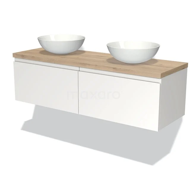 Weiße hängende Badmöbelset mit Holzplatte und doppelten Aufsatzwaschbecken, modernes Design für stilvolles Badezimmer.