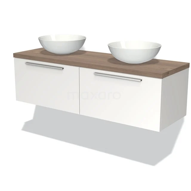 Badmöbelunterschrank mit Konsole 140cm Modulo Plato Matt Weiß 2 Schubladen Flach Mittelbraune Eiche Platte BMK12-00658 Weiße Badmöbel mit Holzplatte, doppelten Waschbecken und modernen Griffen; ideal für ein stilvolles Badezimmer.