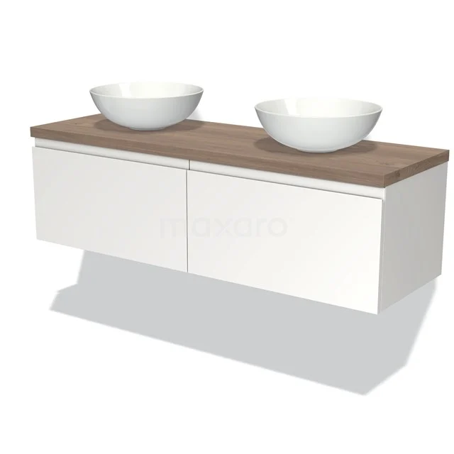 Modulo Plato Vanity units for countertop basin | 140 cm Matte white Handle-less front Mid brown oak worktop 2 Side-by-side drawers BMK12-00660