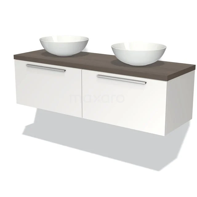 Moderne weiße Badmöbelset mit Holzplatte und Doppelwaschbecken; elegantes Design für stilvolle Badezimmer Einrichtung.