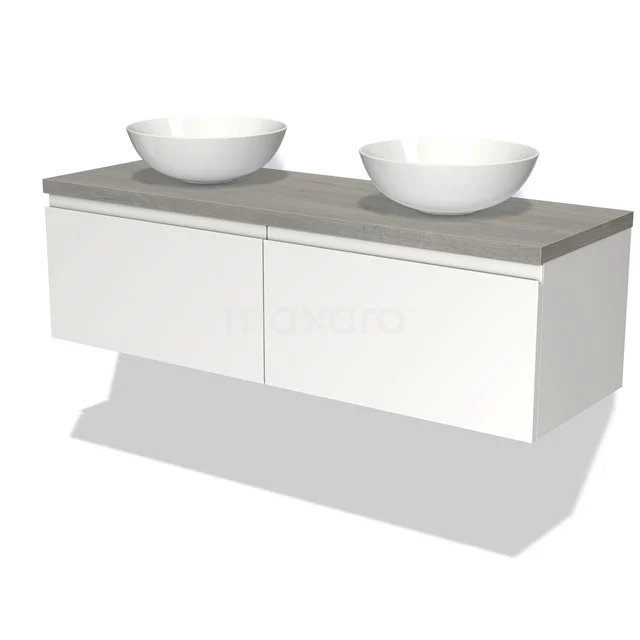 Weißes schwebendes Badmöbel mit zwei runden Aufsatzwaschbecken und grauer Betonplatte, modernes und minimalistisches Design.