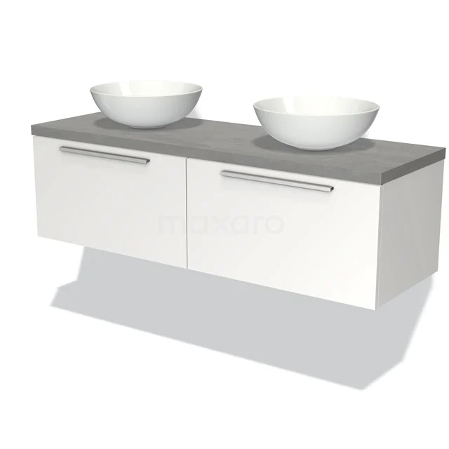 Badmöbel für Aufsatzwaschbecken 140cm Modulo Plato Matt Weiß 2 Schubladen Flach Hellgrauer Beton Platte BMK12-00667 Weißes hängendes Badmöbel mit Doppel-Aufsatzwaschbecken-Design, Betongrau Platte und schlanken Metallgriffen für moderne Bäder.