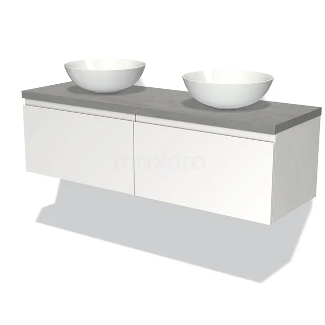 Waschtischunterschrank mit Konsole 140cm Modulo Plato Matt Weiß 2 Schubladen Grifflos hellgrauer Beton Platte BMK12-00669 Weißes hängendes Badmöbel mit doppelten Aufsatzwaschbecken, betongrauer Platte und minimalistischem Design, ideal für moderne Bäder.
