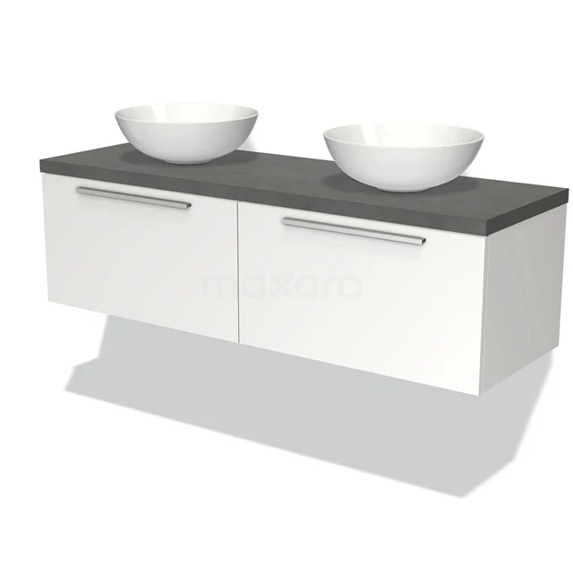 Weiße Badmöbelset mit doppelten Aufsatzwaschbecken und Dunkelgrau Platte, modernes Design für stilvolle Bäder.