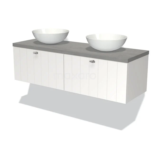 White double basin bathroom unit with grey worktop and two round basins, modern design made of wood, ideal for a stylish bathroom.