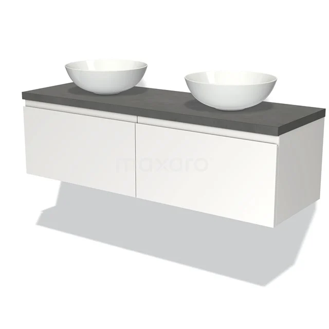 Weißes hängendes Badmöbel mit dunkler Steinplatte und doppelten runden Waschbecken, perfekt für moderne Bäder.