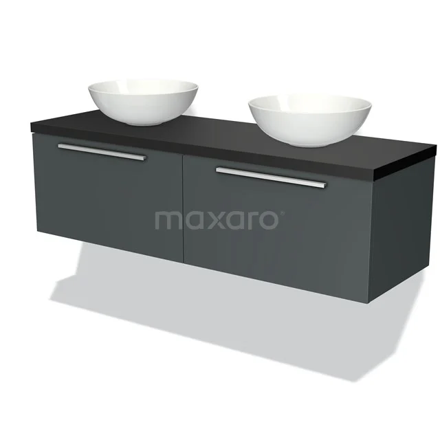 Graue schwebende Badmöbelset mit Schwarz Platte und zwei runden weißen Waschbecken, modernes Design.