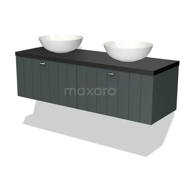 Badmöbel für Waschtischunterschrank mit Konsole 140cm Modulo Plato Dunkelgrau 2 Schubladen Lamelle Matt Schwarz Platte BMK12-00674 Graues Holz-Badmöbel mit zwei weißen Aufsatzwaschbecken, modernes Design, perfekt für eine stilvolle Badezimmergestaltung.