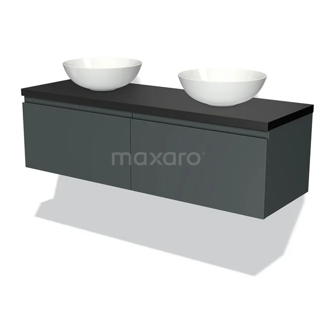 Modulo Plato Badmöbel mit Aufsatzwaschbecken | 140 cm Dunkelgrau Grifflos front Matt Schwarz blatt 2 nebeneinanderliegende Schubladen BMK12-00675 Schwarze Badmöbelset mit schwebendem Design, zwei weißen runden Aufsatzwaschbecken und einem matten grauen Schrank aus hochwertigem Material.