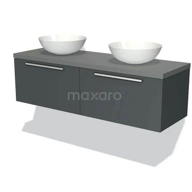 Badmöbel für Waschtischunterschrank mit Konsole 140cm Modulo Plato Dunkelgrau 2 Schubladen Flach Mittelgrau Platte BMK12-00676 Moderne graue Badezimmerausstattung mit doppelten Aufsatzwaschbecken und Wandmontage, schlankes Design und geräumigen Schubladen.