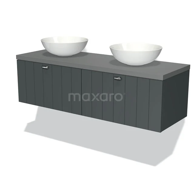 Graue hängende Badmöbelset mit zwei runden weißen Aufsatzwaschbecken, Holzoptik-Finish, modernes Design.