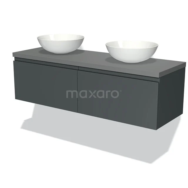 Badmöbel für Aufsatzwaschbecken 140cm Modulo Plato Dunkelgrau 2 Schubladen Grifflos Mittelgrau Platte BMK12-00678 Dunkel gefärbtes Badezimmermöbel mit zwei weißen runden Aufsatzwaschbecken, modernes Design und geräumigen Aufbewahrungsschränken.