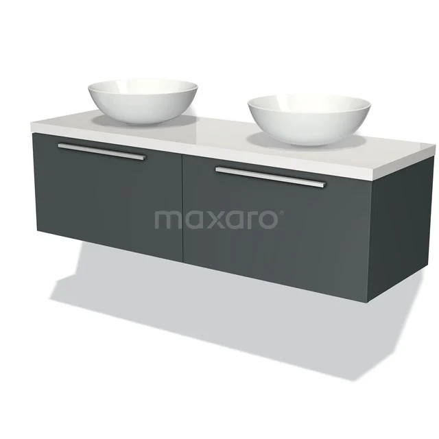 Modulo Plato Badmöbel mit Aufsatzwaschbecken | 140 cm Dunkelgrau Flach front Hochglanz Weiß blatt 2 nebeneinanderliegende Schubladen BMK12-00679 Graues schwebendes Badezimmermöbel mit doppeltem weißen Aufsatzwaschbecken-Design, sauber verarbeitet mit modernen Haltegriffen.