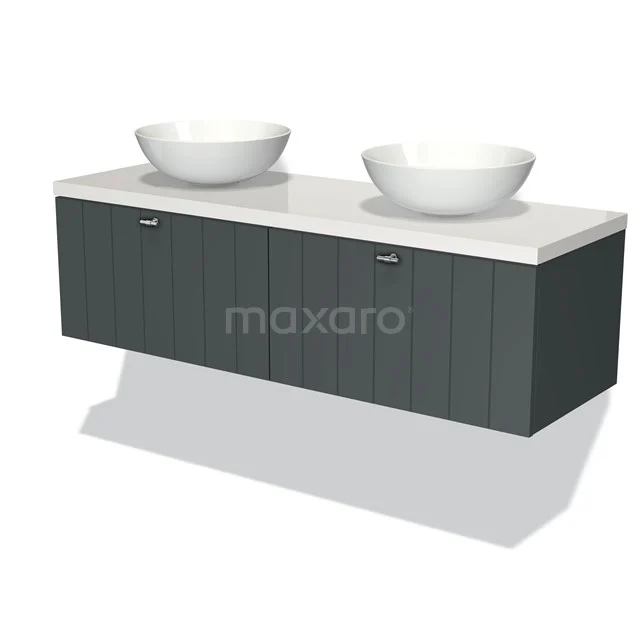 Modulo Plato Badmöbel mit Aufsatzwaschbecken | 140 cm Dunkelgrau Lamelle front Hochglanz Weiß blatt 2 nebeneinanderliegende Schubladen BMK12-00680 Graues schwebendes Badezimmermöbel mit zwei weißen Waschbecken, modernes Design und Haltegriffen, ideal für ein stilvolles Badezimmer.