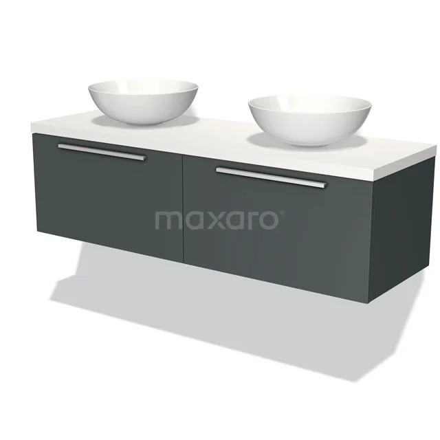 Graues schwebendes Waschtischmöbel mit Marmorplatte und doppelten runden Aufsatzwaschbecken, ideal für moderne Badezimmergestaltung.