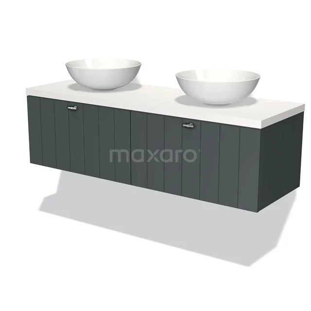 Modulo Plato Badmöbel mit Aufsatzwaschbecken | 140 cm Dunkelgrau Lamelle front Matt Weiß blatt 2 nebeneinanderliegende Schubladen BMK12-00683 Moderne dunkelgraue Badmöbelset mit doppelter Waschtischplatte, zwei keramischen Bassin Waschbecken und grifflose Schranktüren.