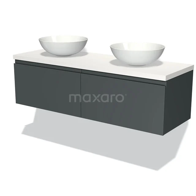 Graue Badmöbel mit Doppelwaschbecken, matte Oberfläche, modernes Design, ideal für stilvolle und funktionale Bäder.