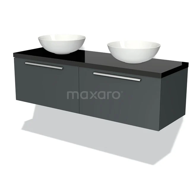 Badmöbel für Waschtischunterschrank mit Konsole 140cm Modulo Plato Dunkelgrau 2 Schubladen Flach Hochglanz Schwarz Platte BMK12-00685 Dunkles Badmöbelset mit zwei weißen Aufsatzwaschbecken, schwarzer Glasplatte und silberfarbenen Haltegriffen, modernes Design.