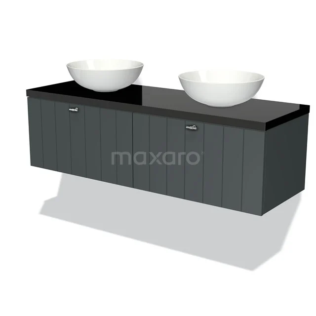 Graues Holz-Waschtisch mit schwarzer Platte und doppelten weißen Aufsatzwaschbecken; modernes Design für das Badezimmer.