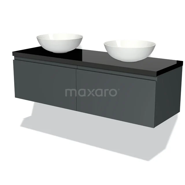 Badmöbel für Aufsatzwaschbecken 140cm Modulo Plato Dunkelgrau 2 Schubladen Grifflos Hochglanz Schwarz Platte BMK12-00687 Schwarzes Badmöbel mit doppeltem Aufsatzwaschbecken, elegantes Design, schwebendes Modell, perfekt für moderne Bäder.