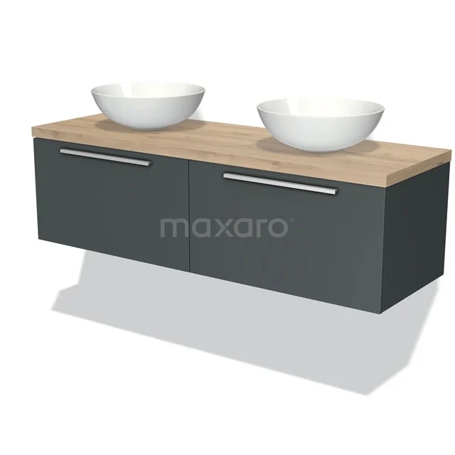 Modernes Badmöbel mit zwei runden weißen Aufsatzwaschbecken, dunkelgrauem Schrank und Holzlook Platte. Perfekt für ein stilvolles Badezimmer.