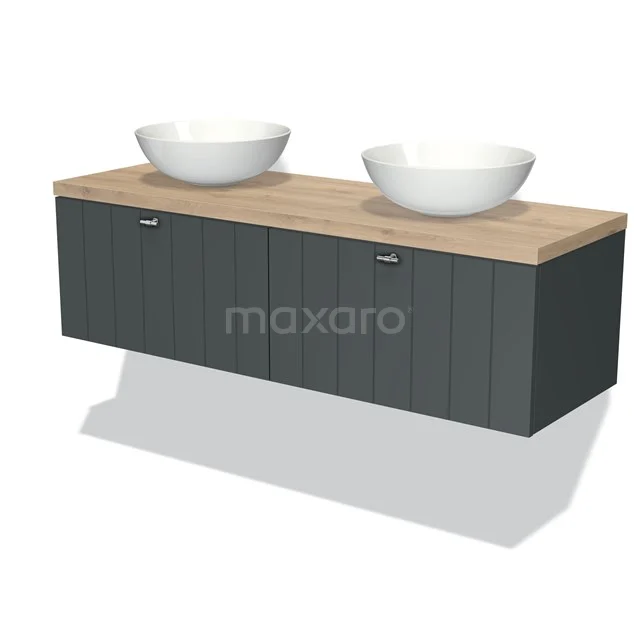 Modulo Plato Vanity units for countertop basin | 140 cm Dark grey Slat front Light brown oak worktop 2 Side-by-side drawers BMK12-00695
