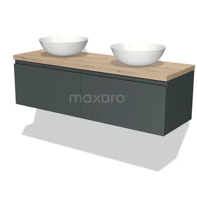 Modulo Plato Badmöbel mit Aufsatzwaschbecken | 140 cm Dunkelgrau Grifflos front Hellbraune Eiche blatt 2 nebeneinanderliegende Schubladen BMK12-00696 Dunkles Holz Badezimmermöbel mit mattschwarzen Schubladen, doppelten weißen Aufsatzwaschbecken und Eiche Platte für modernes Badezimmerdesign.