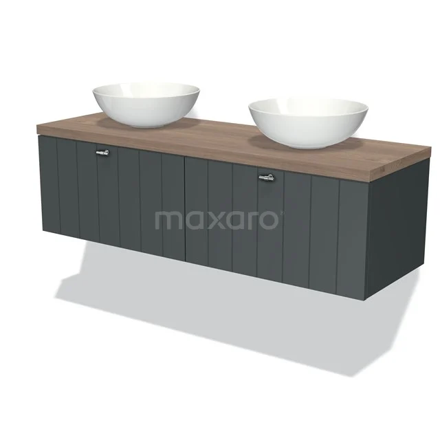 Badmöbel für Waschtischunterschrank mit Konsole 140cm Modulo Plato Dunkelgrau 2 Schubladen Lamelle Mittelbraune Eiche Platte BMK12-00698 Dunkelgraues Holz-Badezimmermöbel mit einer Holz-Platte und zwei weißen keramischen Aufsatzwaschbecken, modernes Design.