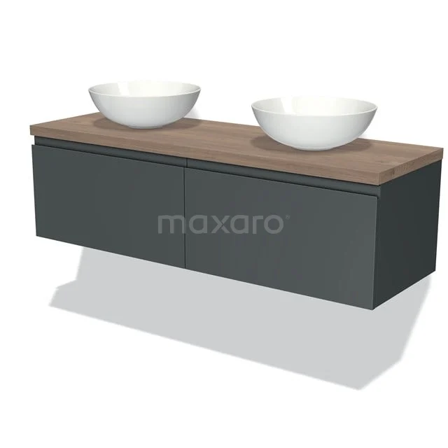 Badmöbel für Aufsatzwaschbecken 140cm Modulo Plato Dunkelgrau 2 Schubladen Grifflos Mittelbraune Eiche Platte BMK12-00699 Zwevend Badmöbel in antrazit mit Holz Platte und zwei weißen Aufsatzwaschbecken, modernes Design.