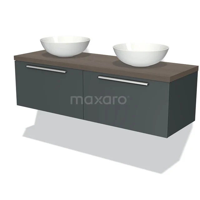 Grey floating bathroom cabinet with two white surface-mounted basins, wooden worktop and modern chrome handles.